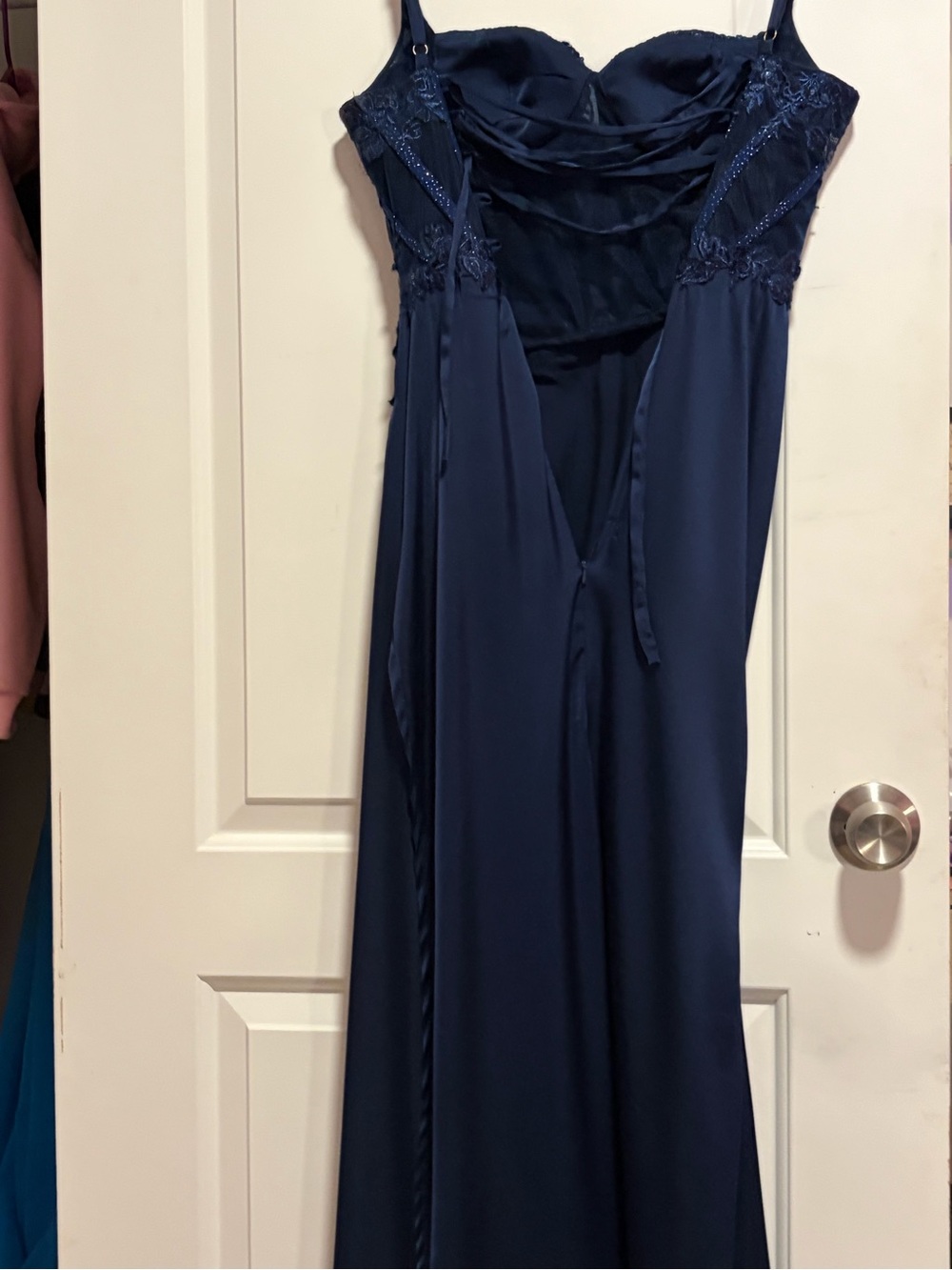 Midnight Navy Satin Long Slip with Lace-Trim Bodice